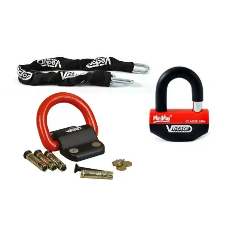 Kit antivol moto homologué VECTOR chaine + antivol MINIMAX + Fixation Compac Blok Prix Bas